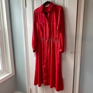 Katie Lewis VTG Shirt Dress Womens 10 Red Shirtwaist Long Sleeve Collared